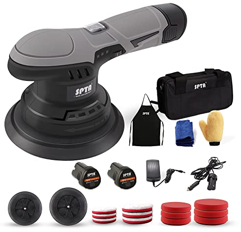 SPTA Cordless Car Buffer Polisher With 2Pcs 12V Lithium Rechargeable Battery, Brushless Variable Speed, Portable With Polishing Pads Kit for Waxing