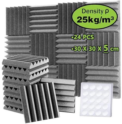 Foneso Espuma Acústica, 30x30x5 cm (Densidad: 25 kg/m³) pared Absorbente de Sonido de alta Densidad 3D, Materiales de Aislamiento Acústico para Salas de Grabación y Oficinas (24 Piezas, Gris)