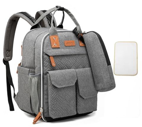 K KELBEL Wickeltasche Baby Wickelrucksack,Multifunktional Babytaschen mit Tragbarer Wickelunterlage,Groß Babyrucksack -Kinderwagengurte,Baby Tasche für Mama und Papa,Grau