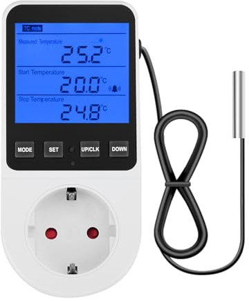 Aideepen Digitaler Temperaturregler Steckdose, 230V 16A Timer-Funktion Thermostat LCD-Display mit Fühler für Gewächshaus, Aquarium, Kühlschrank, Heizung & Kühlung