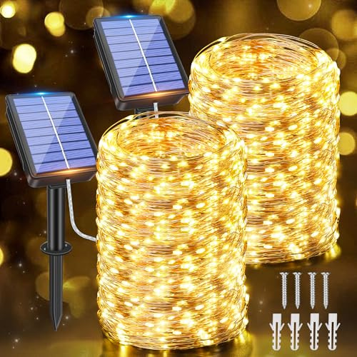 Ollny Catena di luci solari per esterni, 2 x 20 m, 200 LED, 8 modalità, IP65, impermeabile, filo di rame, per esterni, per giardino, balcone, terrazza, albero, cortile, festa (bianco caldo)