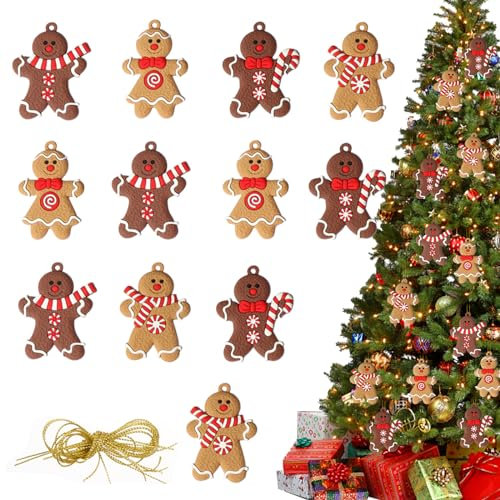 12Pcs Gingerbread Christmas Tree Decorations, Ginger Man Hanging Ornaments Clay Pendants Mini Gingerbread With Strings Festive Decor for Xmas Tree, Wreath