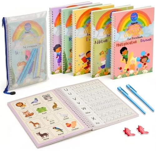 UNCLE EJ Magisches Übungsheft Vorschule ab 3 Jahren - Wiederverwendbares Schreiblernheft mit Zauberstift, Jungen & Mädchen - Buchstaben & Schreiben lernen (5er Set)