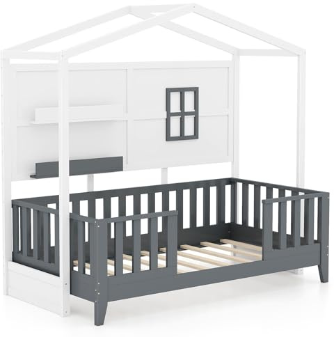 COSTWAY Kids House Bed Frame, Solid Wood Single Floor Beds with 2 Shelves and Guardrails, House-Shaped Toddler Bed for Boys Girls, No Box Spring Needed