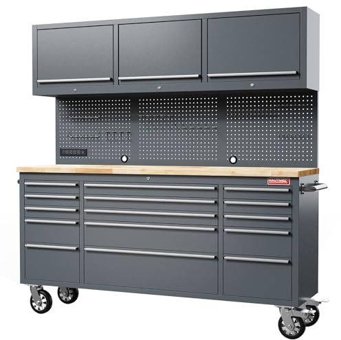 HAUTMEC 72 Rolling Tool Chest, Heavy-Duty Tool Cabinet with Wheels, Garage Workbench with 15 Drawers, 3 Upper Cabinets, Pegboard & 51 Hooks, Oak Worktop & Power Strip – HT0428