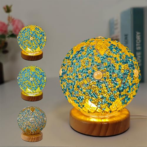 Julyue Lámpara de Mesa Turca, Lámpara marroquí Regulable con Base de Madera, Luces de Bola de Mosaico de Vidrio, Lámparas de Noche Estilo Bohemio, Luz Nocturna de Mosaico