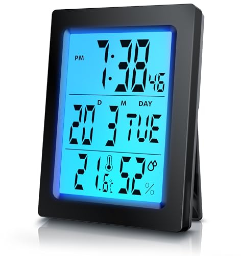 Reloj Despertador Digital con 9 cm Pantalla LED de Temperatura Humedad Fecha y día, Alarm Cloc Snooze Termómetro Formato 12/24 horas, Reloj digital de Mesa de Viaje para Sala de Oficinas Familiares
