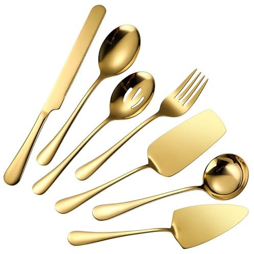 Silverbestick Bestickset， Bestick 12-tums kakkniv Serveringssked Gaffel Durkslag Pizza Spatel Set，Gold-10Set