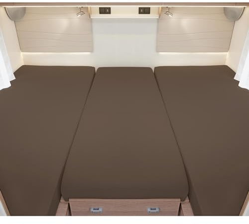 G BETTWARENSHOP – Spannbettlaken für Wohnmobile & Wohnwagen – Spannbetttuch Set 3-teilig für 2 Längsbetten + Mittelteil – Jersey Bettlaken für Heckbetten 2 Längsbetten + Mittelteil, braun