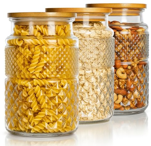 OAMCEG - 3 Pack 60 oz / 1800 ml Glass Jars with Bamboo Lids, Clear Airtight Storage Glass Jars for Kitchen Use, Store Pasta, Cookies, Oats, Tea, Coffee, Nuts, Sugar