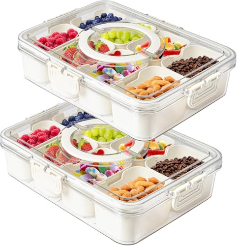 2 Piezas Bandeja Dividida para Aperitivos con Tapa y Asa - Caja de Snacks con 8 Compartimentos Extraíbles para Caramelos, Frutos Secos, Galletas, Frutas y Dulces - para Picnics y Reuniones Familiares