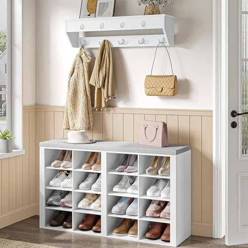 Hzuaneri Banc à Chaussures, Banc de Rangement avec 16 Compartiments, Porte-Manteau, Étagère à Chaussures, avec 9 Crochets, pour Salon, Chambre, Entrée, 30 x 104 x 59 cm, Blanc-Gris, HT56603GY