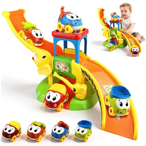 Barn racerbana set, interaktiv lekset multifunktionell bilbana elefant racerbana med 4 tecknade leksaksbilar för barn från 1–5 år