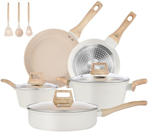 M MELENTA Batterie de cuisine 11 pièces en céramique antiadhésive couleur crème - Set casseroles et poêles compatible tout feux dont induction
