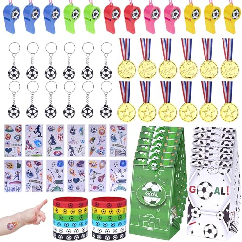 MOSTFUN Set di 72 pensierini per feste di calcio per bambini, con portachiavi, braccialetti in silicone, fischietti, tatuaggi, trofei e sacchetti regalo, decorazione per feste di calcio