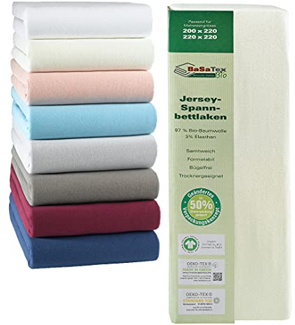 BaSaTex Bio Jersey Premium Spannbettlaken | Spennbetttuch für Wasserbetten und Boxspringbetten | 97% Baumwolle GOTS Zertifiziert + 3% Elasthan | 200x220-220x220 + 42cm Steghöhe | Farbe: Natur
