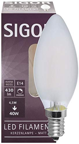 SIGOR LED Filamentlampe KERZE, 230V, Ø 3.5cm / L 9.7cm, E14, 4.5W 2700K 470lm 300°, dimmbar, Matt