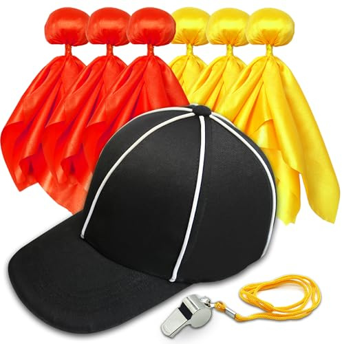 8 Pcs Challenge Flag Referee Hat Set,Tossing Flags Sports Fan Set Penalty Flag Party Accessory (3 Yellow and 3 Red),Official Football Hat and Stainless Steel Whistle,Referee Costume cap set1