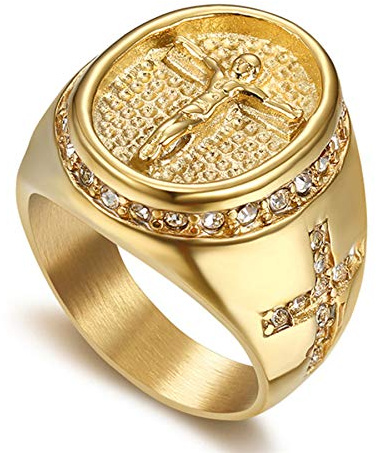 JewelryWe Anello da Uomo Preghiere Gesu'Croce in Acciaio Inox Colore Oro