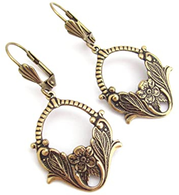 Art Nouveau Earrings Flower Antiqued Gold-tone Wedding Gift Prom Art Deco Style