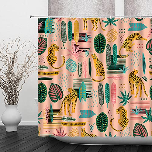 Leopard Palm Leaves Shower Curtain Wildlife Leopard Tiger Topical Green Palm Leaf Plant Summer Safari Panthera Cheetah Big Cat Colorful Blush Animal Fabric Bathroom Sets with Hooks,Pink Yellow Blue