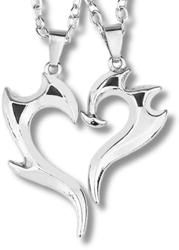 Pidak Stiliserad drake vänskap halsband – set med 2 halsband, delat hjärta hängsmycke, 3,5 x 2 cm, kedja 55 cm, fantasi, gotisk stil