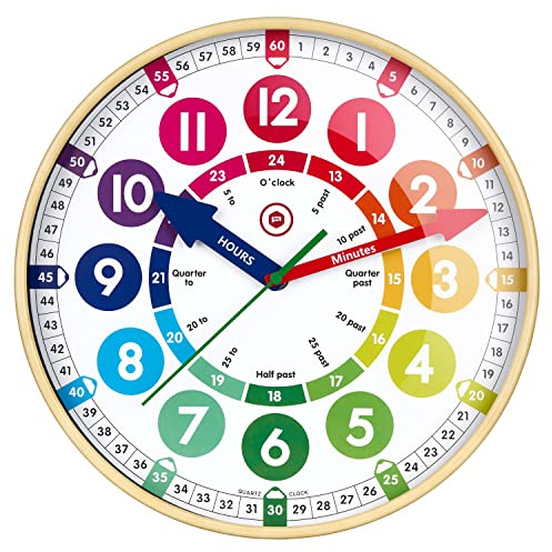 Temple Lodge Children’s Learning Large 12” Wall Clock – Early Development and Activity, Learn to Tell the Time- Safe Acrylic Face, Silent Sweep Mechanism