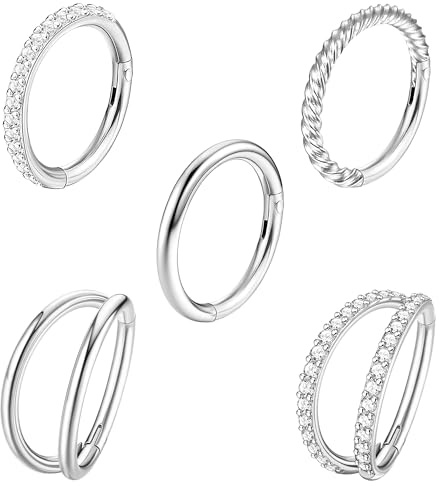 Diamday 5 Piezas de Piercing Nasal de Acero Quirúrgico 18G 16G para Mujeres Anillos en Forma de Lazo con Circonia Anillos de Septo Articulados con Cierre de Clic Joyas para Piercing de 8mm 10mm