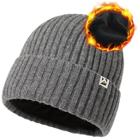 TOP-EX Übergroße Herren Damen 100% Merinowolle Winter Beanie mit Fleece-Futter Strickmütze für große Köpfe langlebige Mütze für kaltes Wetter warm Grau Medium/Large