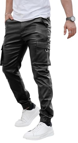 GINGTTO Mens Leather Pants Slim Fit Disco Pants for Men Stretch Deep Black 34