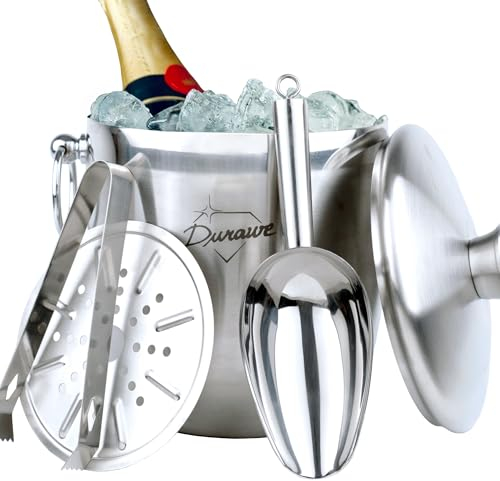 Esclusivo Secchiello per Ghiaccio Isolato - Secchiello per Champagne A Doppia Parete - 3L Secchiello Ghiaccio Champagne in Acciaio Inox per Feste con Coperchio, Colino, Pinze Ghiaccio Paletta Ghiaccio