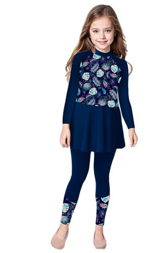 Fldy Mädchen UV Badeanzug Langarm Badeoberteil Kleid Hose 2er Set Kinder Rashguard Bademode Badebekleidung Sonnenanzug Navy blau 146-152