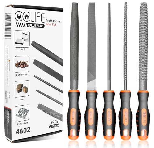 CCLIFE Limas Metálicas 5 Piezas para Taller, Incluye Lima Plana, Media Redonda y Redonda, Para Metal, Plástico, Madera