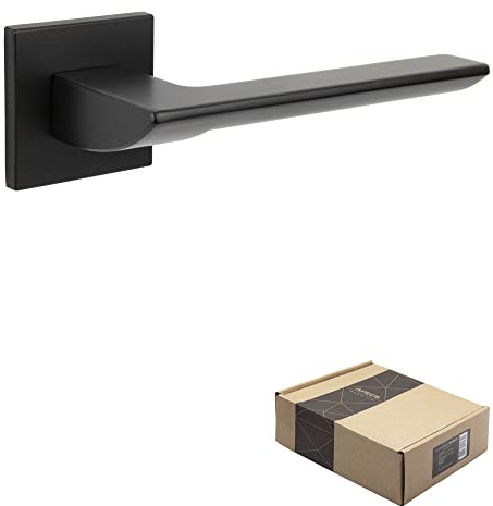 APECS Maniglie per porte interne, maniglia per porta nera opaca moderna, per porta di casa e porta interna con rosette quadrate, set maniglia con materiale di fissaggio, ferramenta per porta modello