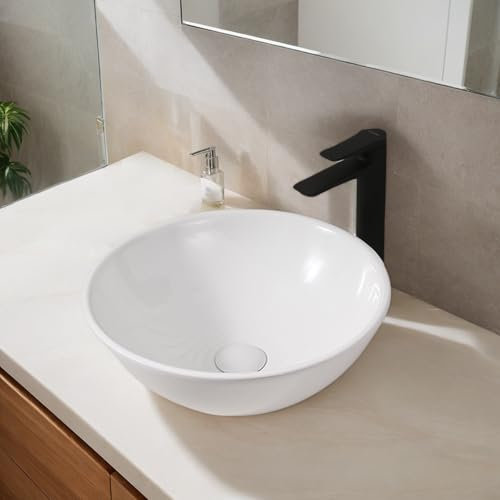 NUESTRA VIDA Lavabo Vasque à Poser Blanc 42×42×16 cm Lave Mains Rond en Céramique, Lave-Mains de Toilette Maison Intérieur, Vasque sans Trou pour Robinet et sans Trop-Plein