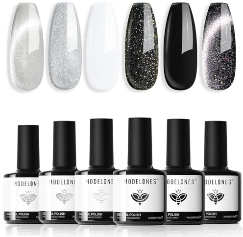 Modelones Gel Nail Polish Set, 6 Colors Cat Eye Black White Gray Gel Polish Silver Glitter Shimmer Nail Polish Set Sparkle Galaxy Series Nail Varnish Kit Soak Off Nail Art Manicure DIY Salon