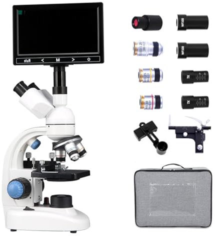 Aredwhiterui Microscope Trinoculaire 40x-1600x avec Écran 7, Double Éclairage LED, Mise Au Point Coaxiale, Corps en Aluminium, Kit De Microscope pour Laboratoire Scolaire Et École À Domicile