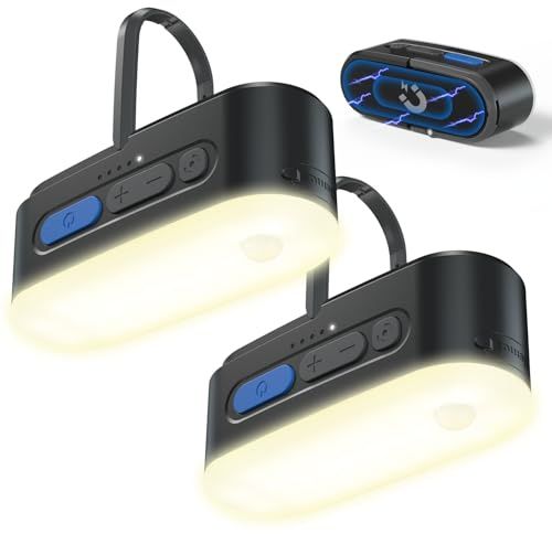 Clemas Lot de 2 lampes de camping à détecteur de mouvement, lanternes de camping rechargeables, lampes de tente portables à suspendre, lumière d'urgence étanche IPX5 pour l'extérieur, mode SOS, panne