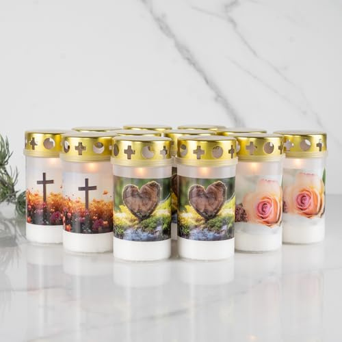 Set di 12 candele da giardino piccole, circa 48 ore, durata di combustione, candele con coperchio, luce per funeraria, cimitero con motivo colorato, candele per decorazioni funerarie e decorazioni