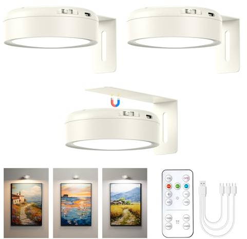 Bonsery Bilderleuchte Kabellos mit Fernbedienung 3er Set, LED bildbeleuchtung Dimmbar & Wiederaufladbar, Akku Wandleuchte mit 3 Farbtemperatur 3000-6500K & Timer, Geschenke für Frauen Männer(Creme)
