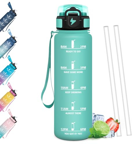 Mulbijeo Botella Agua 1 Litro, Libre de BPA & Portátil, Cantimplora con Pajita, Cantimplora, con Incentivo de Tiempo, Prueba de Fugas, Botellas Gimnasio para Sport, Fiesta, Escuela, Bicicleta