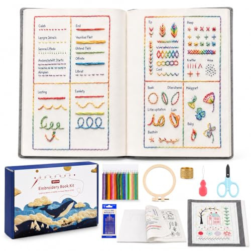 Lonimia Stickmusterbuch Set für Anfänger – Komplettes Stickerei Starter Set mit Nadeln, Fäden & Stickrahmen, Vorgezeichnete Leinenmuster + Anleitung, Tragbares DIY Stickset für Erwachsene & Kinder