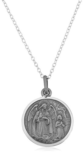 Kooljewelry Oxidized Sterling Silver Guardian Angel Medal on Cable Chain (18 inch)