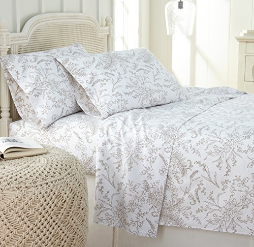 Southshore Fine Living, Inc. Shabby Chic Bedding 15 Inch White Floral Sheets King, 4 Piece Deep Pocket Sheet Set, Pet Hair Resistant Bedding Soft Easy Care Microfiber–Winter Brush White, Sand Flowers