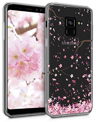 kwmobile Custodia Compatibile con Samsung Galaxy A8 (2018) - Cover Silicone TPU - Protezione Back Case - Pioggia di petali rosa/marrone scuro/trasparente
