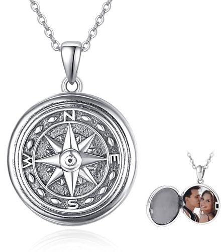 Collar con medallón de brújula de plata de ley 925 con colgante de brújula, medallón de fotos con memoria que sostiene fotos collar para mujeres, hombres, niños, 45,7 cm + 5 cm cadena de plata