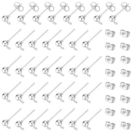 UNICRAFTALE 100 st kulstolpe örhängen kit rostfritt järn boll post öra stift fynd med ögla och öronmuttrar 0,8 mm stiftörhängen för gör-det-själv örhängestillverkning 6,5 x 4 mm, hål 1 mm