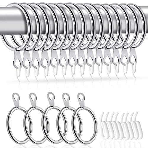 Hommakr Curtain Rings and Hooks 24 Pcs – Bigger Curtain Rings Metal with 32mm Inner Diameter & Eyelets for Shower Curtains, Decorative Drapery – Durable Curtain Pole Rings & Plastic Hooks- Silver
