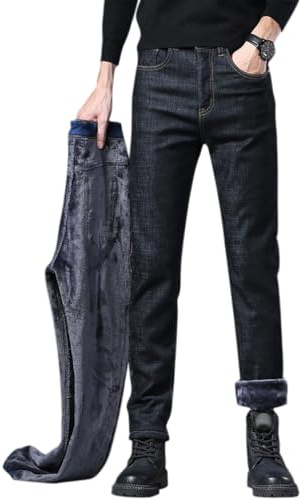 shownicer Jeans Homme Hiver Chaud Doublure Polaire Thermique Stretch Élastique Straight Baggy Denim Pants Vêtement Thermique Pantalon A Noir L