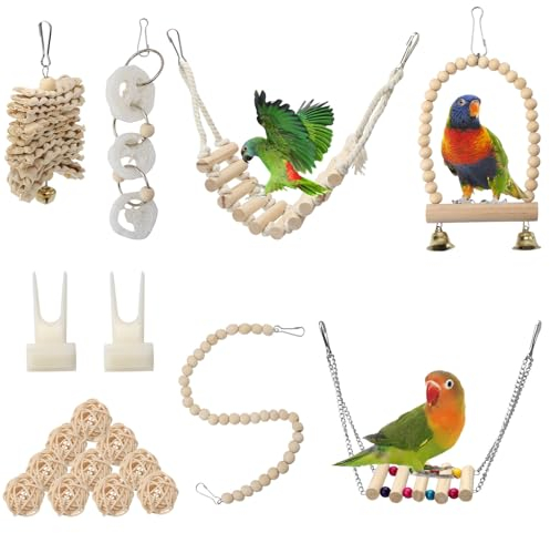 18 Stück Vogelspielzeug Für Vögel, Vogel-Papageien-Spielzeug, Vogelspielzeug für Papageien, Papageienspielzeug, Leiter, Kauspielzeug, Hängematte für Sittiche, Geeignet für alle Arten von Kleinvögeln
